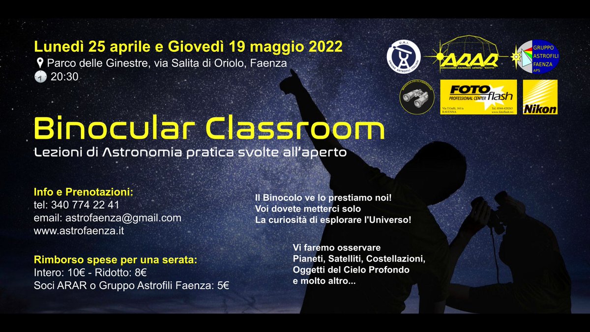 astrofaenza's tweet photo. Lunedì 25 aprile dalle 20:30 saremo al Parco delle Ginestre per la prima Binocular Classroom a #Faenza, con #ARAR da Ravenna. Scrivici per prenotare! Dettagli su https://t.co/BxRbu8ZedX
#astronomia #astrofili #binocolo #vialattea #nebulose #stelle #scienza #divulgazione #romagna https://t.co/2Kb8DxZzSi