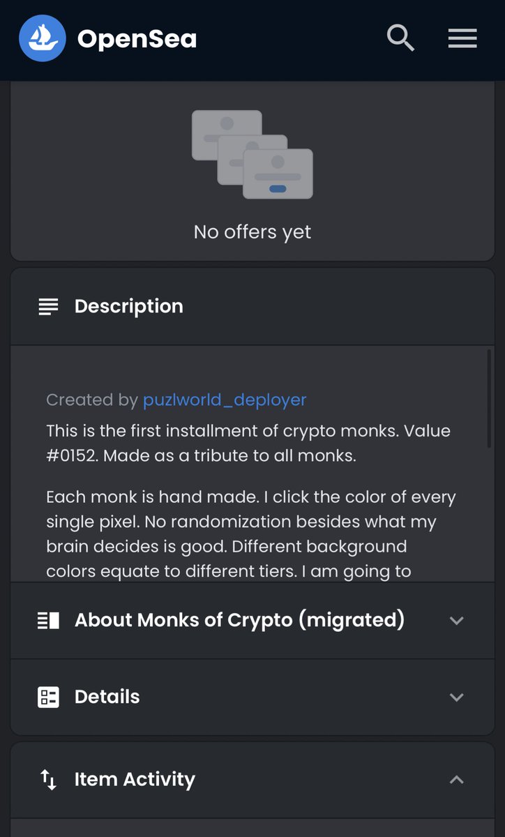 MonksofCrypto's tweet photo. Hey, @opensea I really need to get ahold of you about who it says owns the contract on my new migrated Crypto Monks.

It shows that it is created by puzlworld_deployer, but I am the owner of contract now. 

Can dox myself, video call, or provide finances to have this changed. https://t.co/mSZZCv6cYQ