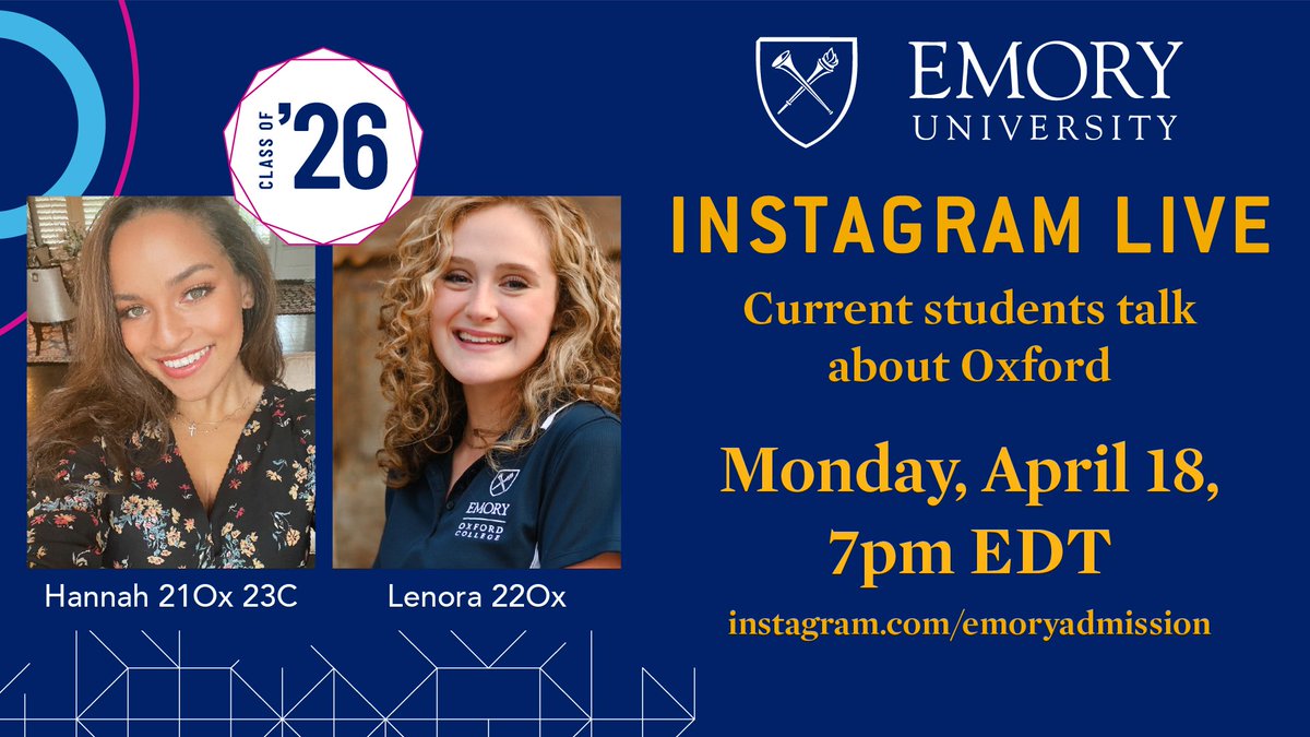 EmoryAdmission's tweet photo. ๐๐ Join us tonight Monday, April 18 at 7PM EDT on the Emory Admission Instagram channel (https://t.co/YLTNwrg38x)! We will sit down with Hannah 21Ox 23C and Lenora 22Ox as they discuss Oxford College at Emory University. #EmoryUniversity #EmoryCommunity #EmoryAdmission https://t.co/xiUs2DrWaG