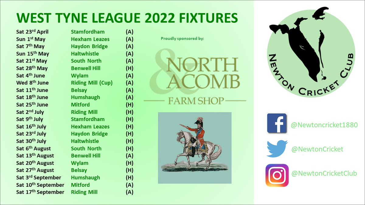 NewtonCricket's tweet photo. Only 5 days to go until we kick off our 2022 @westtynecricket season. A big thanks go to North Acomb Farm Shop and Duke of Wellington Inn for sponsoring the club for the season. Check out our fixtures below and feel free to pop along to watch whenever you can!
#upthecows 🐮🏏🐮🏏 https://t.co/87thjQAg4e