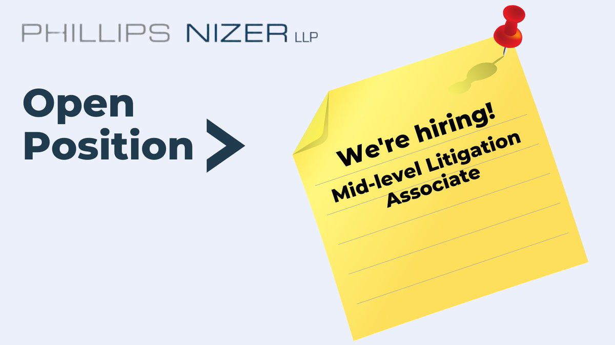 Phillips Nizer is seeking a mid-level litigation associate with 4 to 8 years of experience) for our newly expanded Hackensack, NJ office. Apply here: bit.ly/3KSBps1

#litigationassociate #werehiring