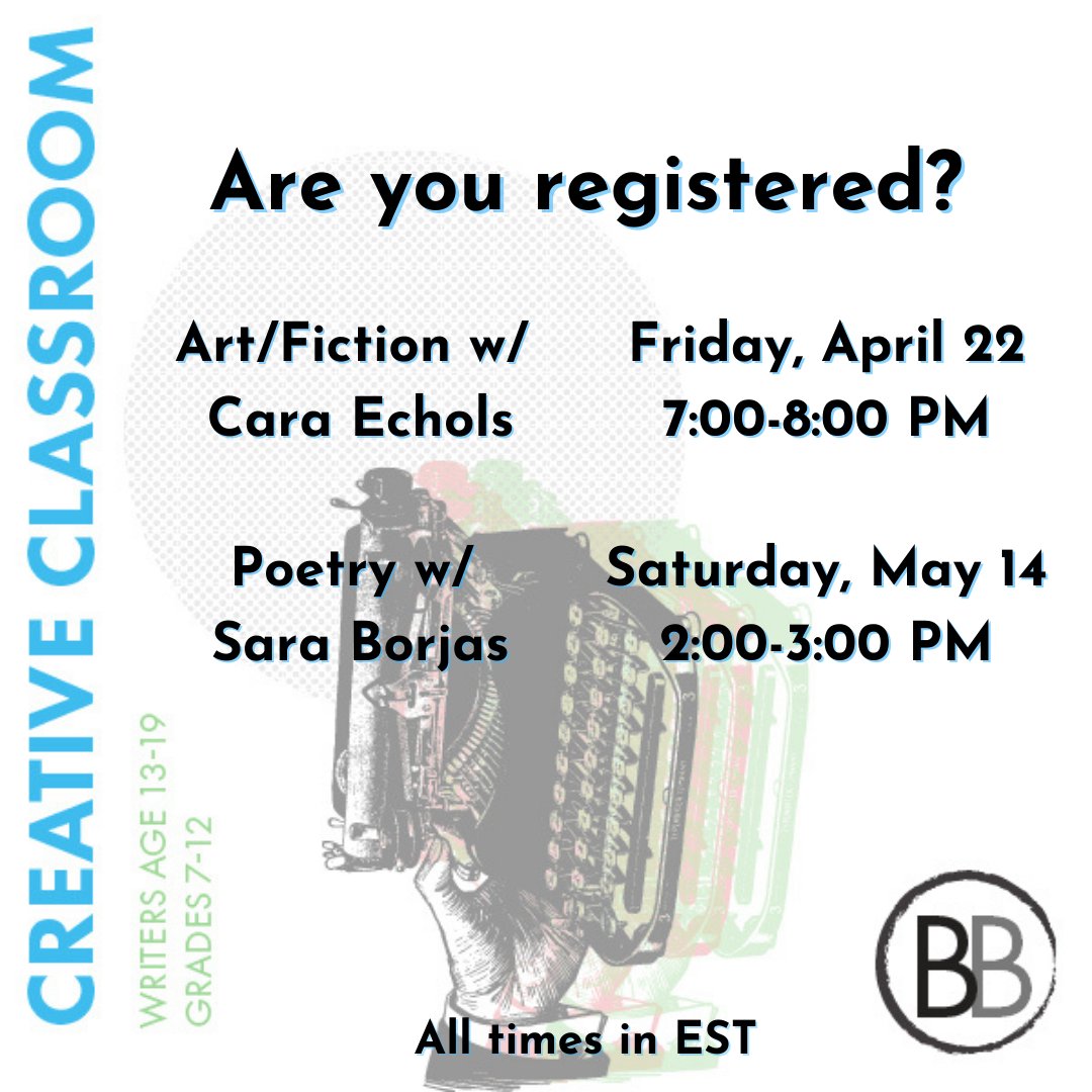 BreakBreadProj's tweet photo. There's still plenty of time to register for our upcoming creative classrooms. Feel free to DM us with any questions, we can't wait to see you all there!

#CreativeClassroom #BreakBreakProject #SpringWriting #Poetry #Art https://t.co/nLacTrJqoy