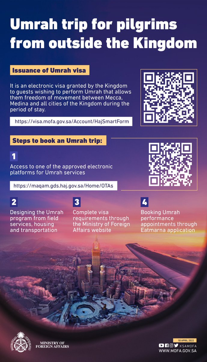 KSAmofaEN's tweet photo. Umrah trip for pilgrims from outside the Kingdom https://t.co/srSxGmX9hJ