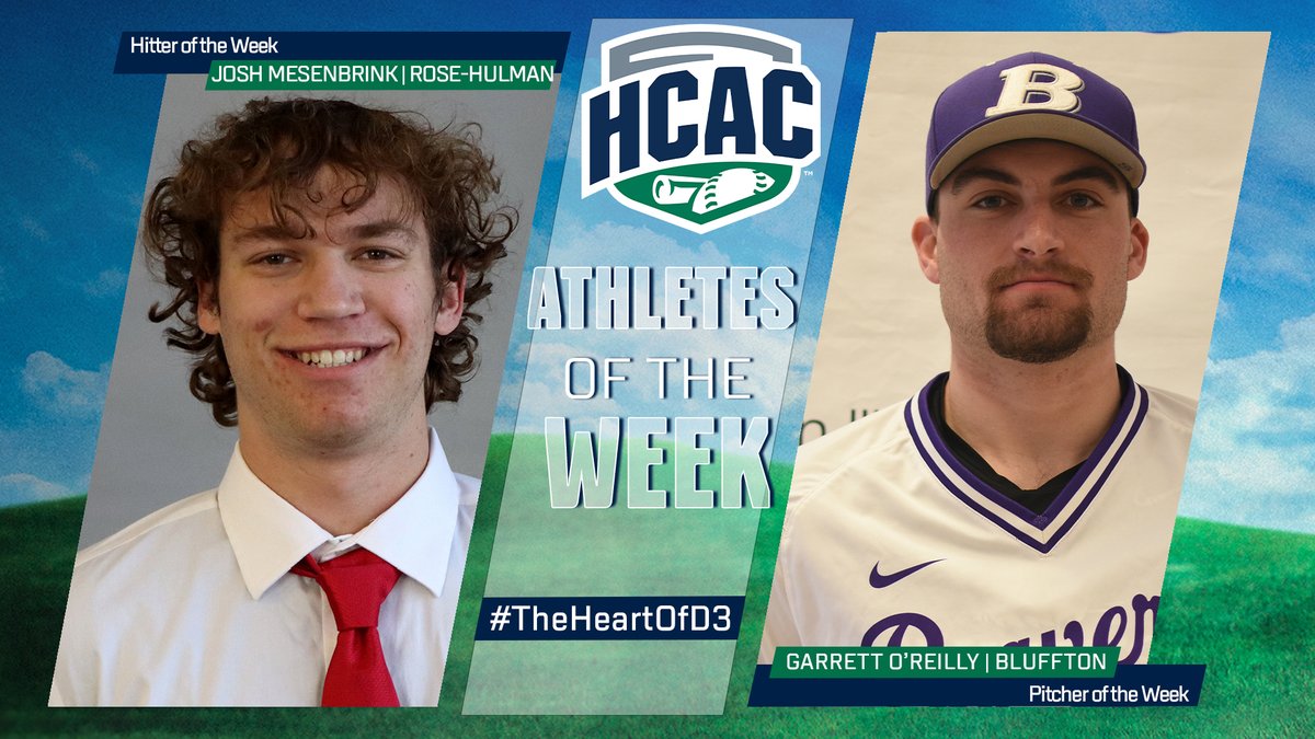HCACDIII's tweet photo. HCAC Baseball | Athlete of the Week

Congrats to the Baseball Athletes of the Week:
Hitter: Josh Mesenbrink, @RHITSports
Pitcher: Garrett O'Reilly, @Bluffton_Sports

https://t.co/U9hRGy2Lbo

#TheHeartOfD3 #D3Baseball https://t.co/JUGm3OAwev