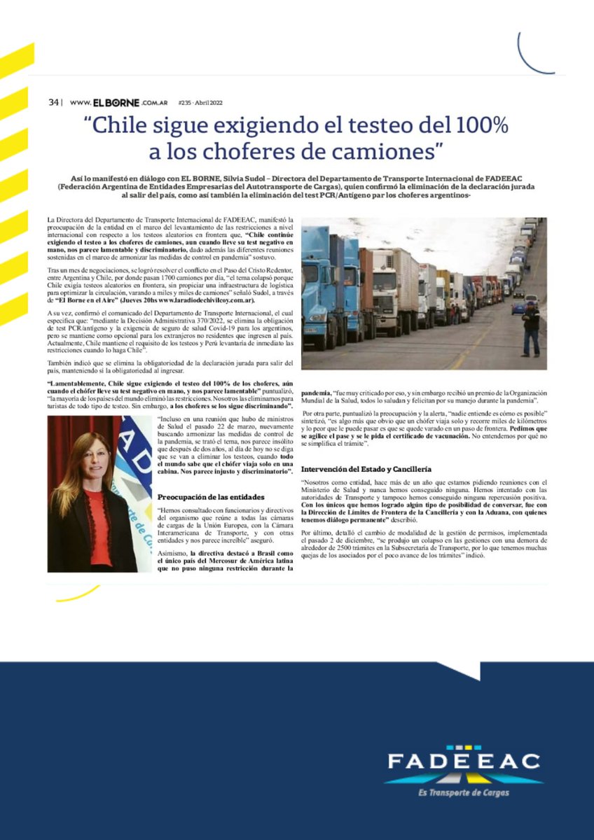 Silvia Sudol, directora del Depto de Transporte Internacional, dialogó con <a href="/ElBorne1/">El Borne</a> y se refirió a la eliminación de la declaración jurada al salir del país y del test PCR para los choferes argentinos.

#FADEEACEnLosMedios