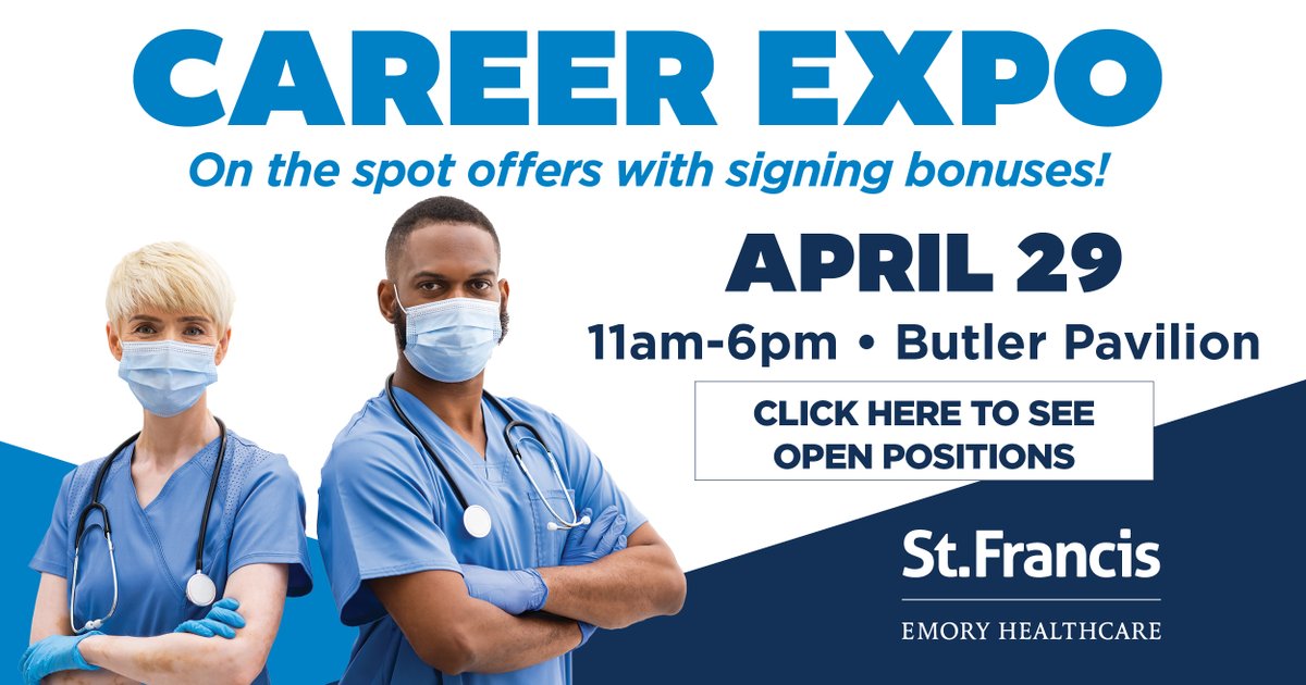 Looking for an exciting career change? St. Francis-Emory Healthcare's Career Expo will be held from 11 am - 6 pm, April 29 at the Butler Pavilion, 2300 Manchester Expressway. Join us for on the spot job offers, sign-on bonuses and food trucks! bit.ly/3KPKsKk