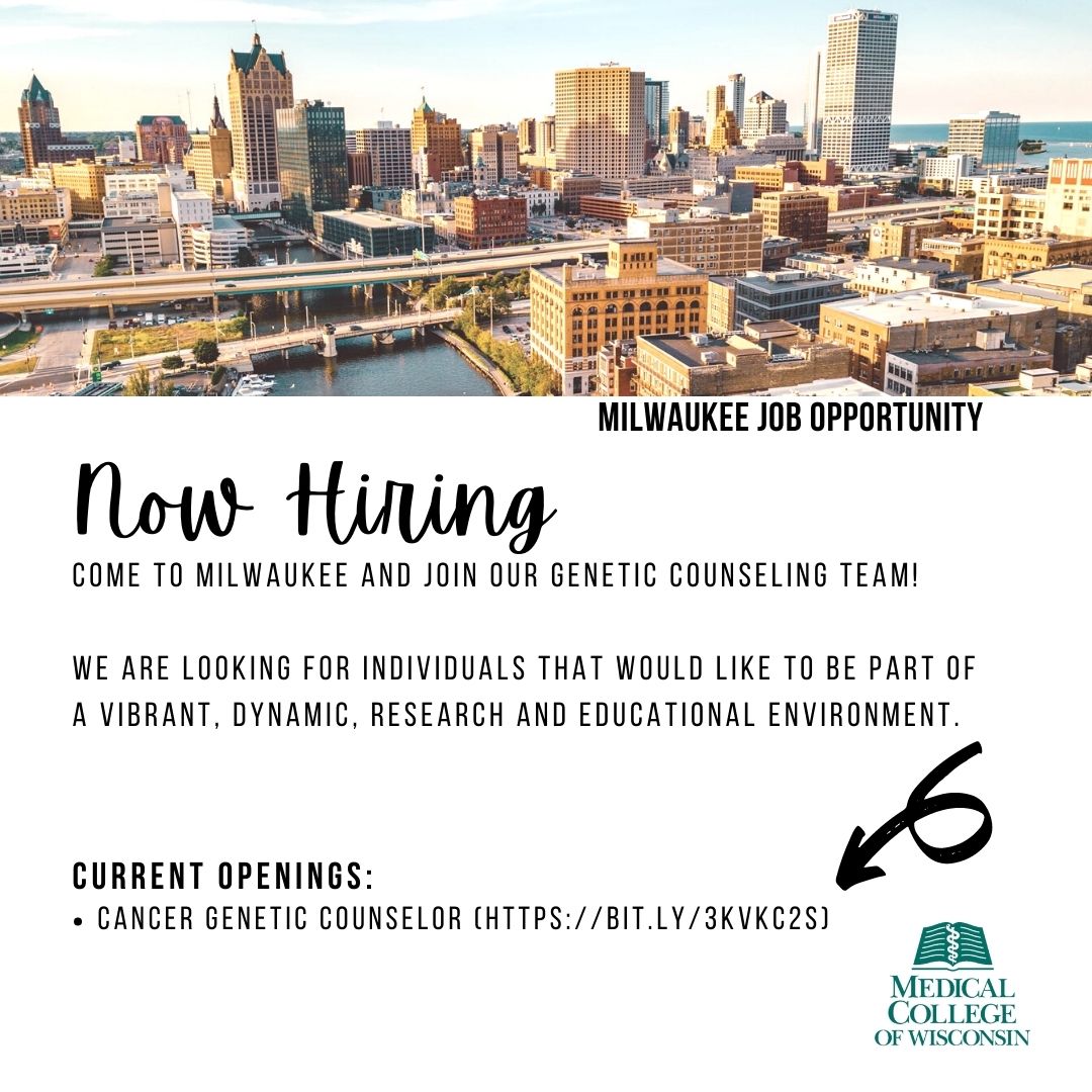 WE’RE HIRING IN MILWAUKEE! 
📣Cancer Genetic Counselor position opening! 

➡️Want to learn more? DM us!
➡️Interested in applying? Check out the link below.

bit.ly/3KVKC2S

#hiringpost #genechat #gcposition #mcw