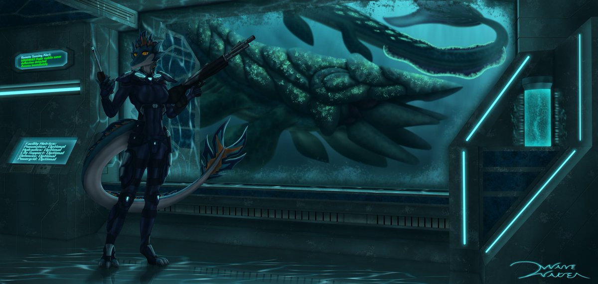WakerWaves's tweet photo. A bit done of @Hydrawave1 ‘s Zeryl, based on the idea of a mock arena shooter featuring anthros. Inspired by games like Quake and Unreal, with the amusingly over-the-top character themes of Killer Instinct. Many thanks to hydra for allowing Zeryl to be the nautical infiltrator! https://t.co/uVjXmhOMxi