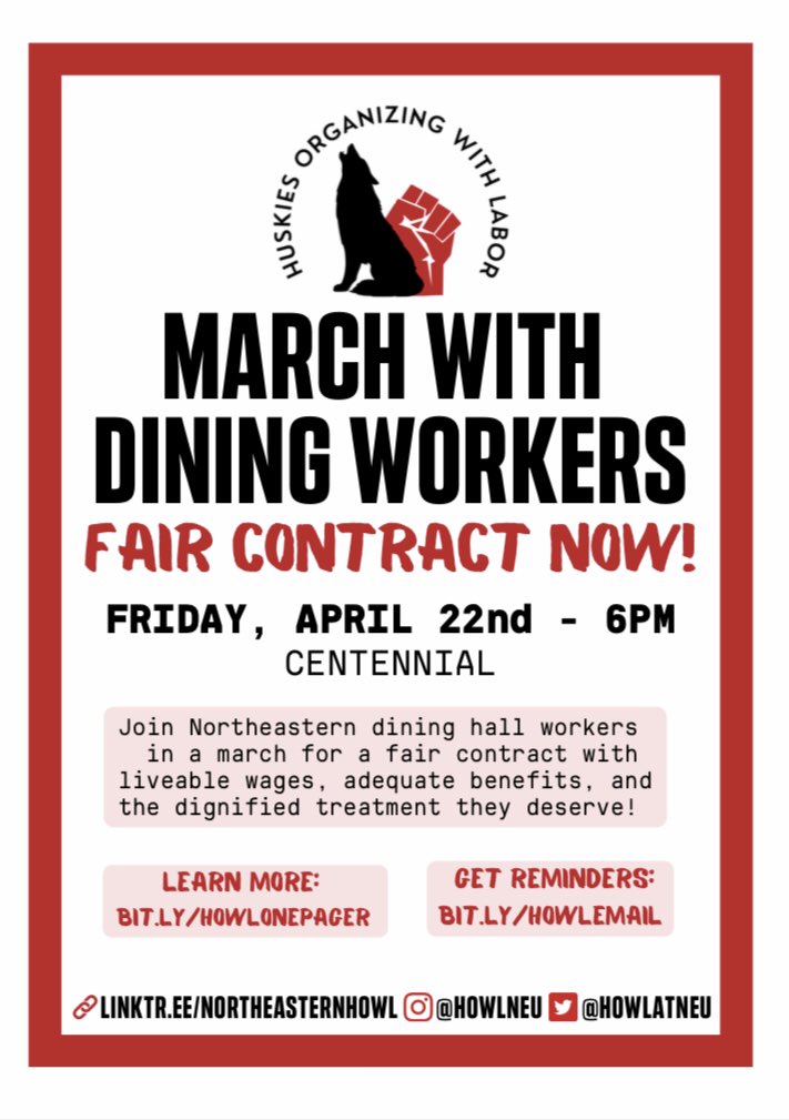 Come to our march with dining hall workers THIS Friday, 4/22. Bring a friend, meeting at Centennial at 6pm