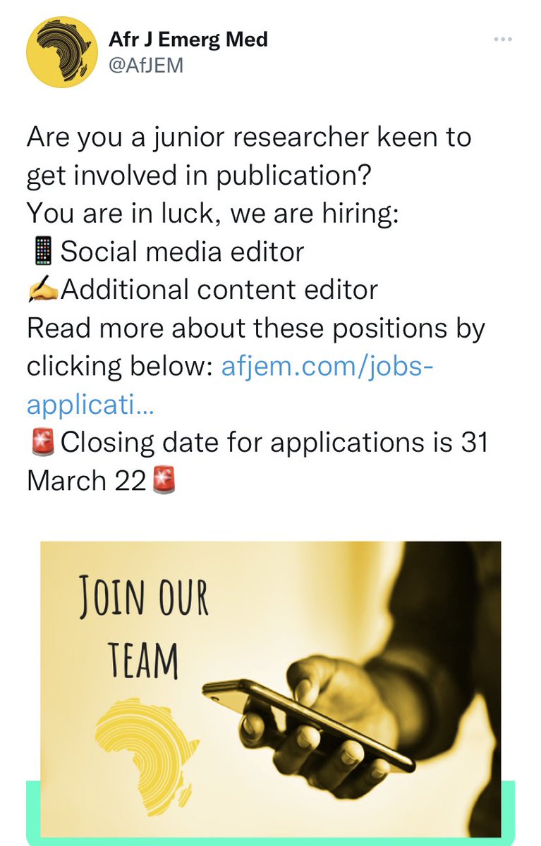 JonathanKajjimu's tweet photo. Hurray!!! So delighted to be appointed as an AC editor for @AfJEM today. Many thanks, team AfJEM!🙏 A very special thanks to all my research mentors. #Easter MondayBlessings. #EMbound #AcademicTwitter #AcademicChatter #MedTwitter #GlobalEM #Emergency https://t.co/eCuvl2USED