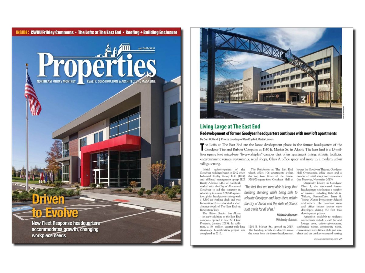 EastEndAkron's tweet photo. We're featured in this month's edition of #PropertiesMagazine. Turn to page 27 to see all the progress at The East End including The Lofts, our brand new, high-end apartments! 

https://t.co/hsmju9j3rD https://t.co/XPIivFbvtJ