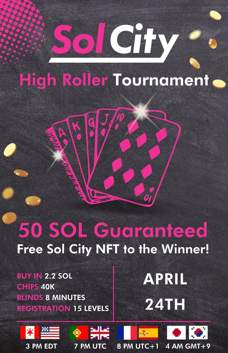 🎉TOURNAMENT GIVEAWAY!! 

🎁1 x 2.2 SOL Tournament Entry!

1⃣LIKE
2⃣RETWEET
3⃣Follow <a href="/SCPokerClub/">Sol City DAO</a> 
4⃣Tag 3 Friends You Want To See On The Table!
5⃣Join our discord: discord.gg/SolCityPokerCl…

Winner announced IN OUR DISCORD!!
