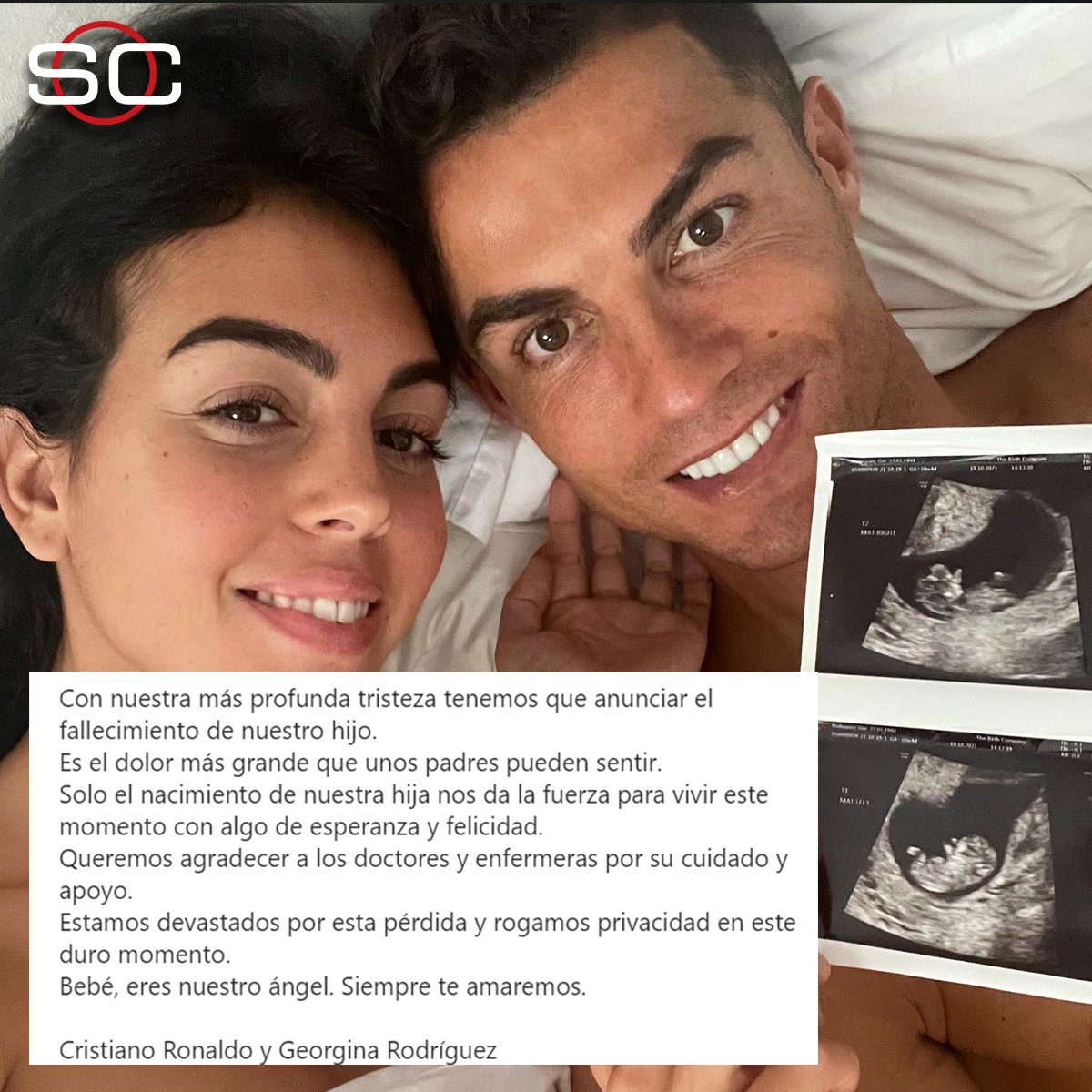 SportsCenter on Twitter: "Triste noticia: con profundo dolor, Cristiano Ronaldo comunicó la muerte de uno de sus hijos y publicó este mensaje junto a Georgina. https://t.co/89EUjgM8DL" / Twitter