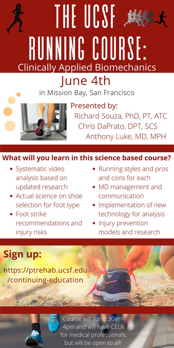 Go signup for this running biomechanics workshop taught by our very own program director <a href="/richsouza_ucsf/">Richard Souza</a> along with <a href="/BayAreaDPT/">Christopher DaPrato</a> &amp; Dr. Luke on June 4th

ptrehab.ucsf.edu/continuing-edu…