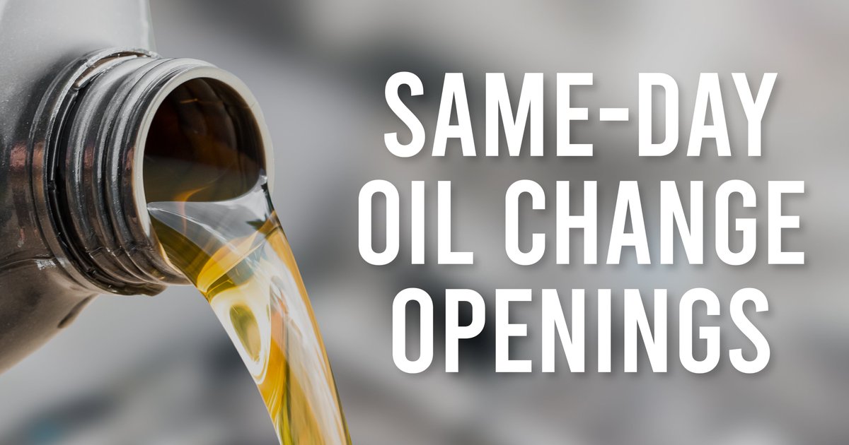 Same-day #oilchange appointments available! Typical available times: 11am, 2:30pm, 3:30pm, 4pm. Call the Service Department at 507-304-6770 to book your appointment.