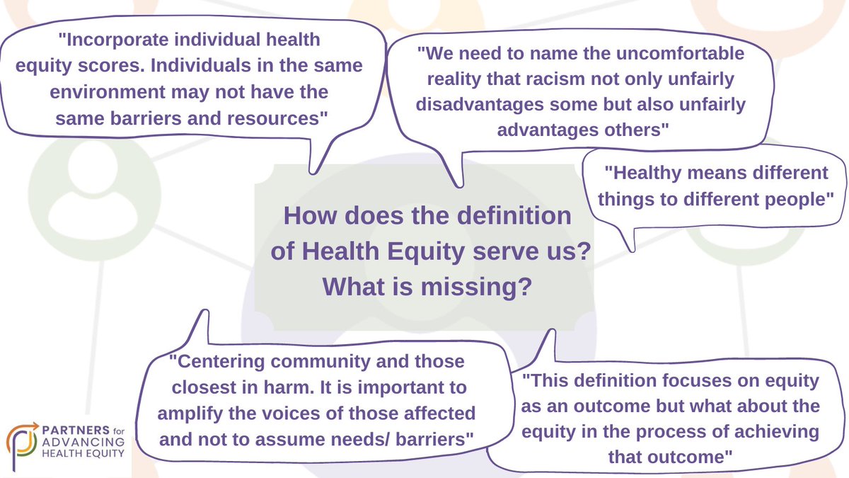Partners4he's tweet photo. How does the definition of #healthequity serve us? What is missing?   Read what some of our participants said during our interactive session held April 12th, where we worked together to identify collective health equity goals for the Collaborative.  What would you add? https://t.co/TvWnY14jJK