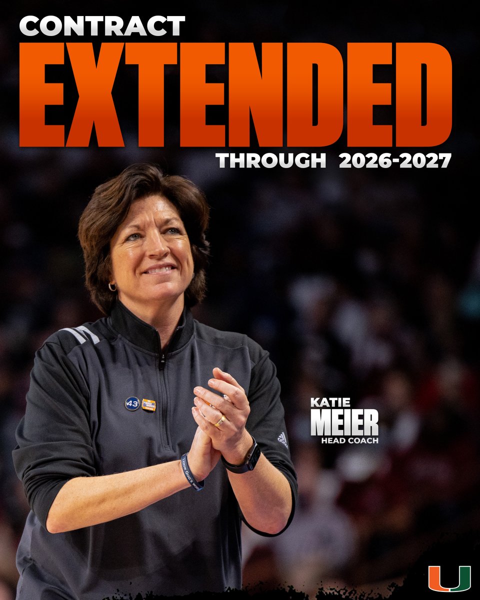 CanesWBB's tweet photo. Contract extension for all the all-time winningest basketball coach at The U ✅🙌

@CoachKatieMeier is here to stay through 2026-27!
Read more >> https://t.co/YTFSZyiqSv https://t.co/CbBIBBGWyU