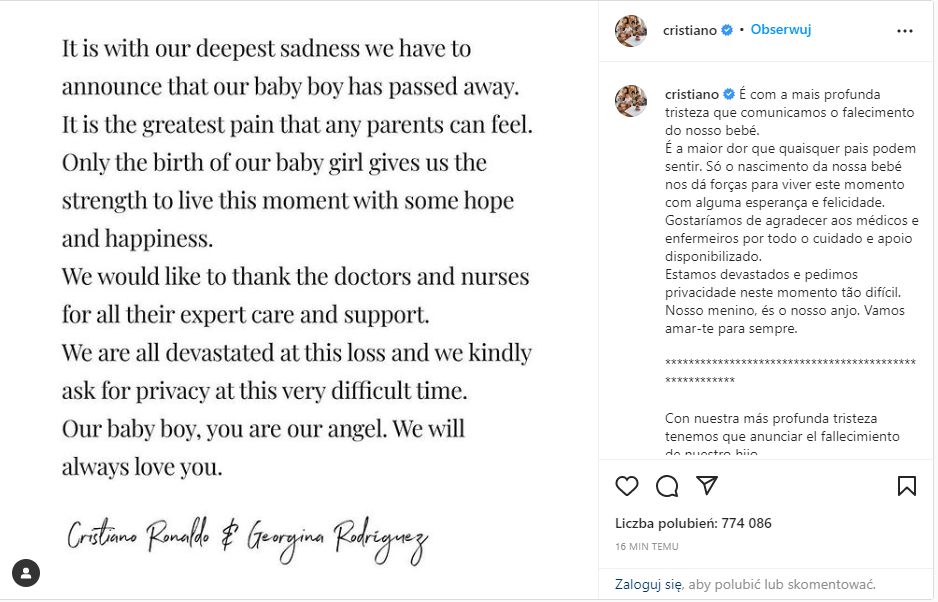 sport_tvppl's tweet photo. Nie żyje synek Cristiano Ronaldo i Georginy Rodríguez. Piłkarz podał tę straszną wiadomość na swoim Instagramie, informując jednocześnie o przyjściu na świat córki. Para oczekiwała narodzin bliźniąt. https://t.co/JRNtY4YQhA