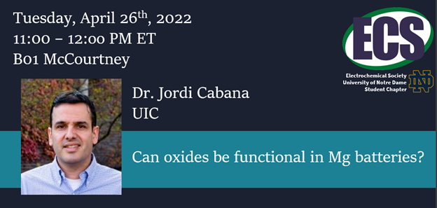 We're excited to host Prof. Jordi Cabana (<a href="/CabanaChemistry/">Research Group of J. Cabana</a>) for an in-person seminar on 4/26 11am -12pm ET!🙌🏼 We'll be giving out new ECS ND goodies, snacks, and more! ND students, DM for details! <a href="/BohnGroup/">Bohn Research Group</a> <a href="/SchaeferLab/">Jen Schaefer</a> <a href="/KamatlabND/">PKamat</a> <a href="/NotreDameEnergy/">ND Energy</a>  @vignesh_sundar <a href="/BumjunPark_/">Bumjun Park</a>