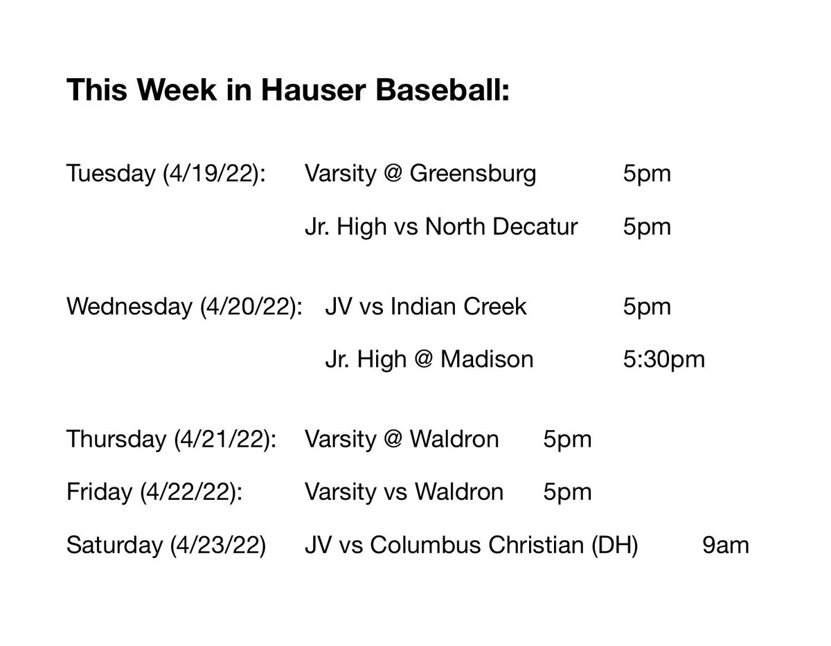 Here is this weeks schedules for ALL of the Baseball teams.