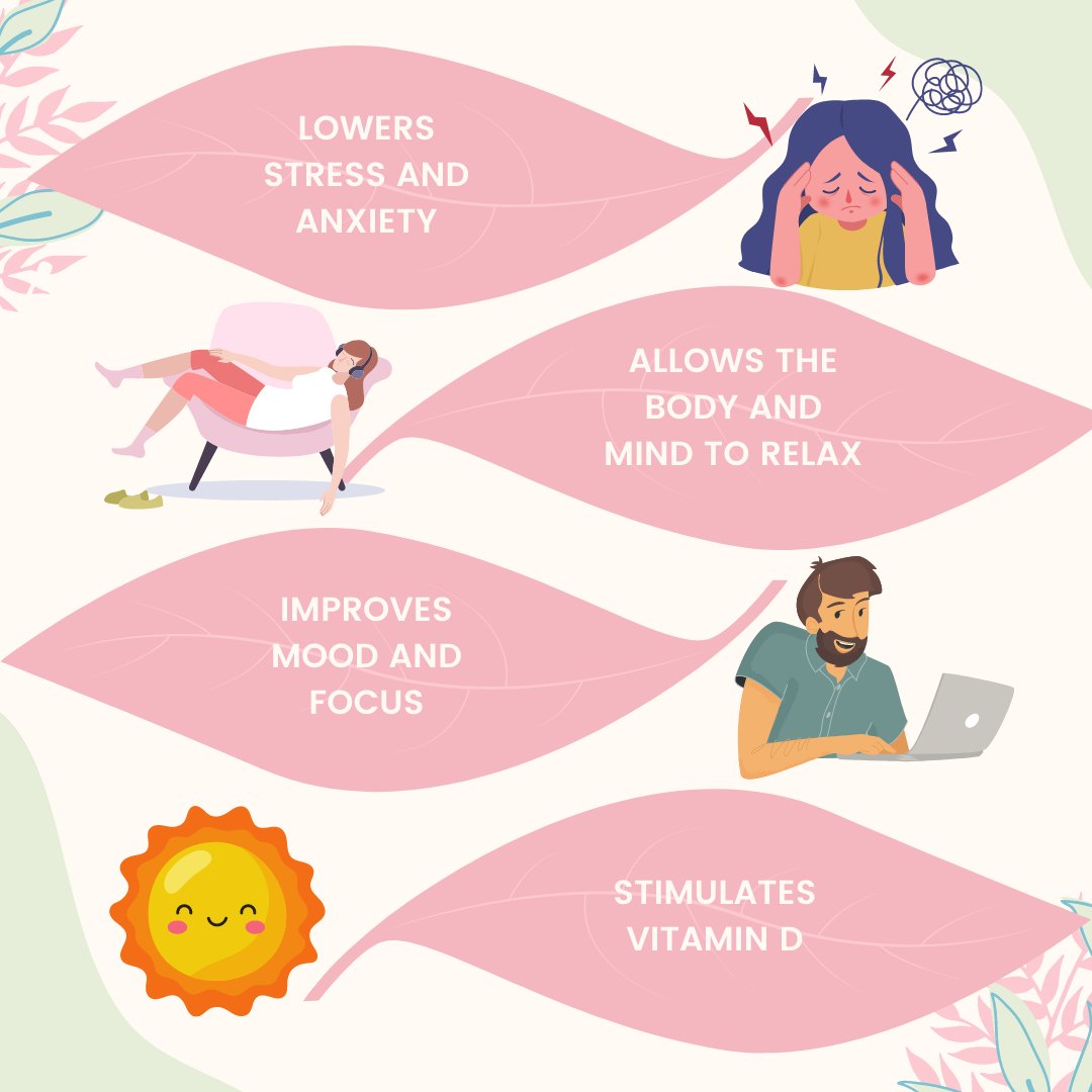 Due to the healing effects of nature, being outdoors can do a lot by being a form of self-care. The sunlight helps provide vitamin D, which helps boost serotonin levels. As a result of this and physical activity, you release tension and improve your mood!