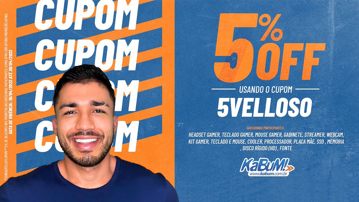 Olha quem é o novo parceiro da <a href="/kabumcombr/">Ninja do KaBuM!</a> 😍😍

Quando pensar em comprar na KABUM, pode falar comigo que dou CUPOM! Só mandar DM!

5% de DESCONTO usando o Cupom: 5VELLOSO

Acesse também pelo link para olhar os produtos com desconto: kb1.me/VELLOSO