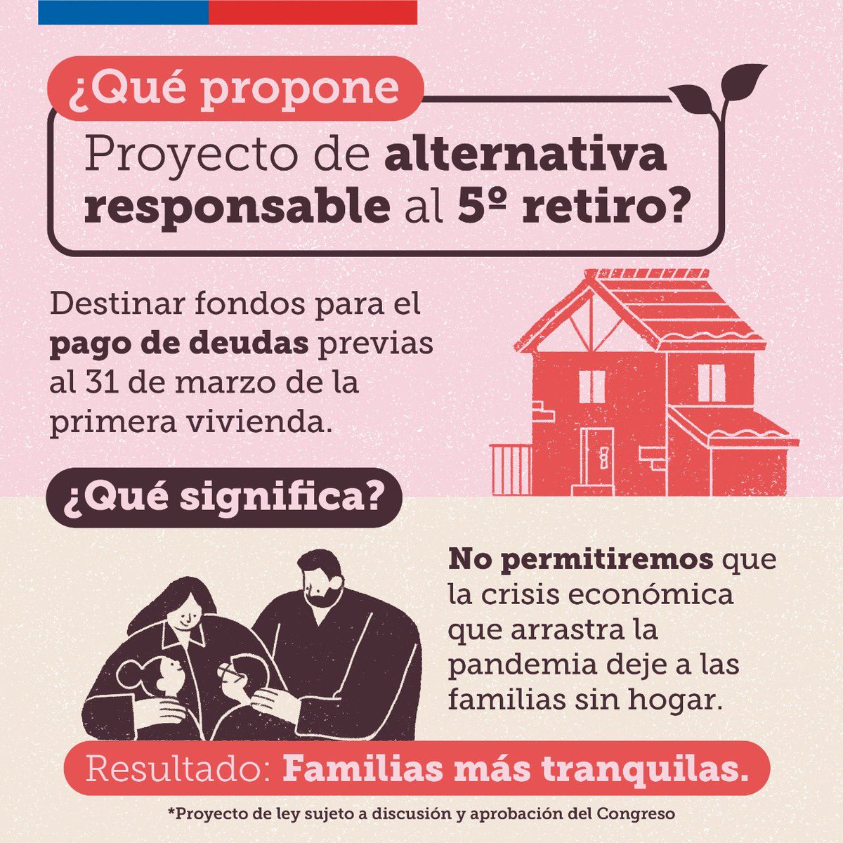 Minvu's tweet photo. El Proyecto de alternativa #responsable al 5to retiro busca proteger a las familias. Permitirá destinar fondos al pago de deudas hipotecarias -previas al 31 de marzo 2022- de la primera vivienda. Medidas concretas para ayudar a las personas y evitar que se dispare la inflación ✅ https://t.co/RYHV2bhatQ