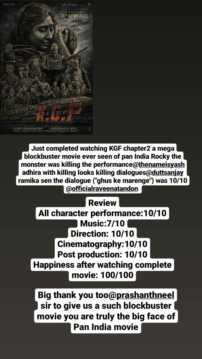 mohitme78393134's tweet photo. @TheNameIsYash @duttsanjay @TandonRaveena @prashanth_neel
#KGF2review #KGFFandom #RockyBhai #KGF2InCinemas can't wait for KGF 3 https://t.co/o4NJFOLDbm