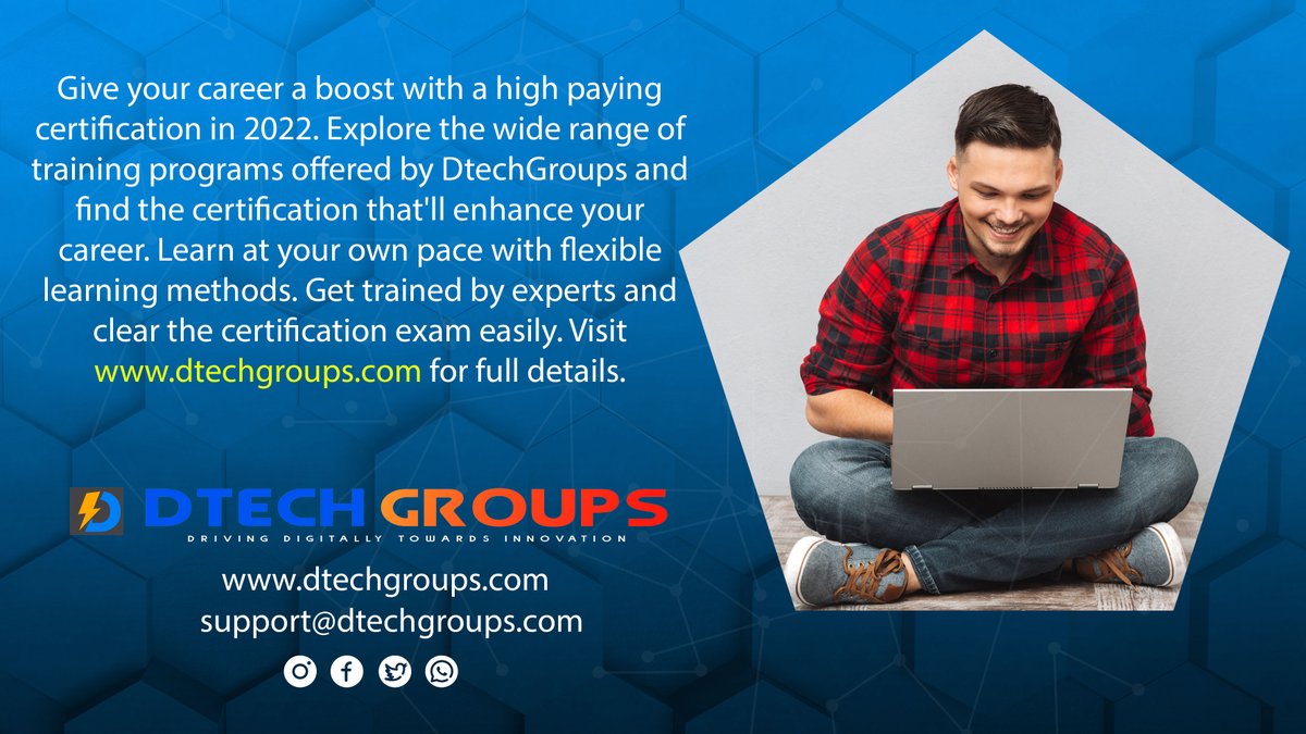 DtechgroupsM's tweet image. Give your career a boost with a high paying certification in 2022. Explore the wide range of training programs offered by DtechGroups.  Visit dtechgroups.com for full details.
#career #training #learning #twitter #certification #dtech