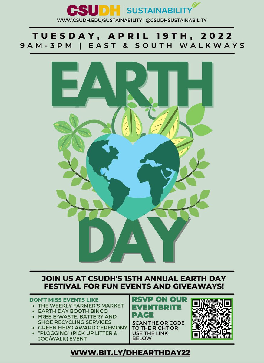 #CSUDH Annual #EarthDay Festival is happening TOMORROW!! 🌎🍃☀️

It's going to be a day filled with lots of activities, food and so much more. 

Don't forget to RSVP: eventbrite.com/e/csudh-earth-…