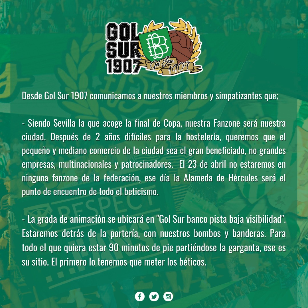 Tras la gran cantidad de MD preguntado sobre la fanzone, desde <a href="/GolSur1907/">GOL SUR 1907</a> mantenemos lo expuesto hace unos días. Estaremos con el comercio local haciendo de nuestra ciudad nuestra fanzone particular, en especial la Alameda de Hércules.

Sevilla será más verdiblanca que nunca.