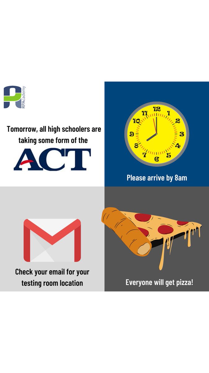 WeAreOneRPA's tweet photo. All RPA high school students will take part in some form of ACT testing tomorrow. Please arrive by 8am and check your email for more info and your room location! You got this!! https://t.co/rtFbNsdP0X