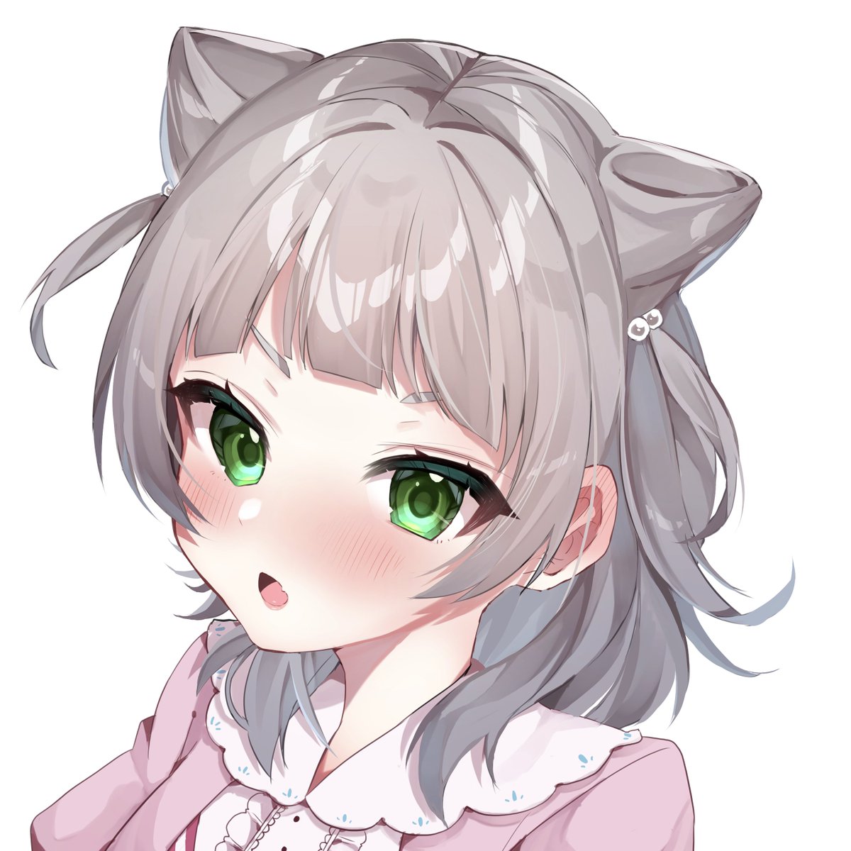 1girl solo green eyes blush white background grey hair fang  illustration images