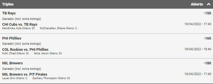 parleydatostt's tweet photo. Combi MLB 18/04/22.

#FreePicks #Parlay #Parleydehoy
#parleyganador
#parleyfijo https://t.co/37qm26JeOW