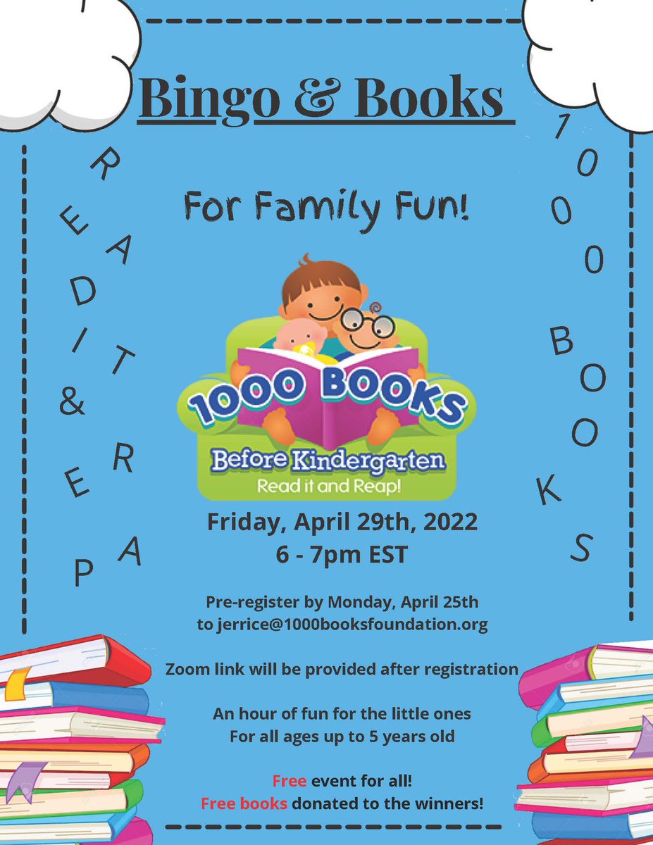 1000BooksB4K's tweet photo. It’s time for our annual Books &amp; Bingo virtual event.  4/29/2022 @ 6-7 pm est  #1000booksbeforekindergarten #1000booksb4K https://t.co/i6A9RVseyc