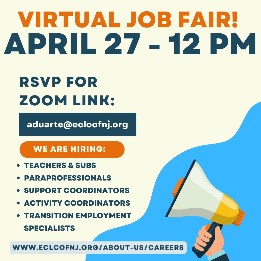 Learn about jobs in our schools &amp; adult programs at our Virtual Job Fair on Wed., 4/27 - 12 PM. Hear about our generous benefits package; the alternate route to teaching cert. &amp; more. Make a difference in the lives of kids &amp; adults with special needs! RSVP: aduarte@eclcofnj.org.