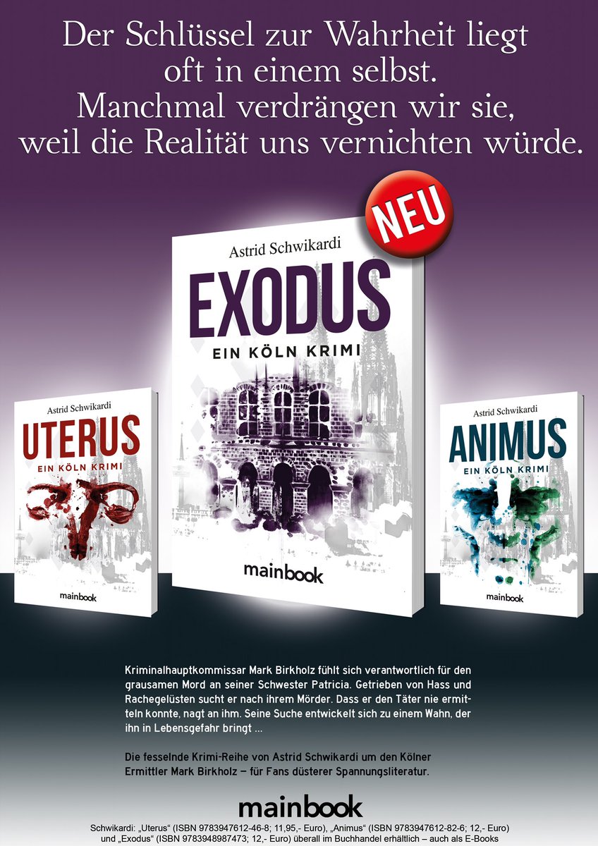 #Out Now:
Seit dem 07. April 2022 ist der dritte Band meiner Kriminalreihe um den Kölner Ermittler auf dem Markt. Mehr erfahrt ihr auf meiner Homepage astridschwikardi.de/Neuerscheinung…
#book #BookTwitter #buecher #krimi #kriminell #germanbookstagram #crimethriller #thriller #thrillerbooks