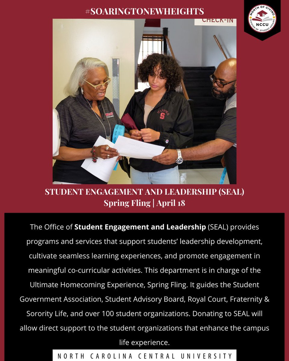 NCCU Student Engagement and Leadership (SEAL) provides programs and services that support student’s leadership development, cultivate seamless learning experiences, and promote engagement in meaningful co-curricular activities. #SOARINGTOHEIGHTS #NCCULIFE #ILOVEMY1910 #NCCUSEAL