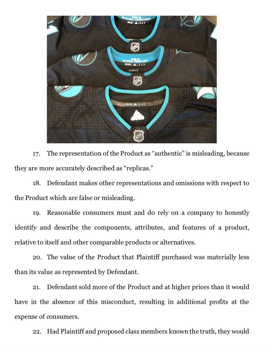 rwesthead's tweet photo. Adidas is being sued in in Florida for marketing “authentic”  NHL team jerseys that are more accurately described as replicas, different from those worn by NHL players, lawsuit alleges.
Jerseys are sold via https://t.co/2UJW8EffFz and other third-party vendors, court docs say. https://t.co/WLFowqLBgW