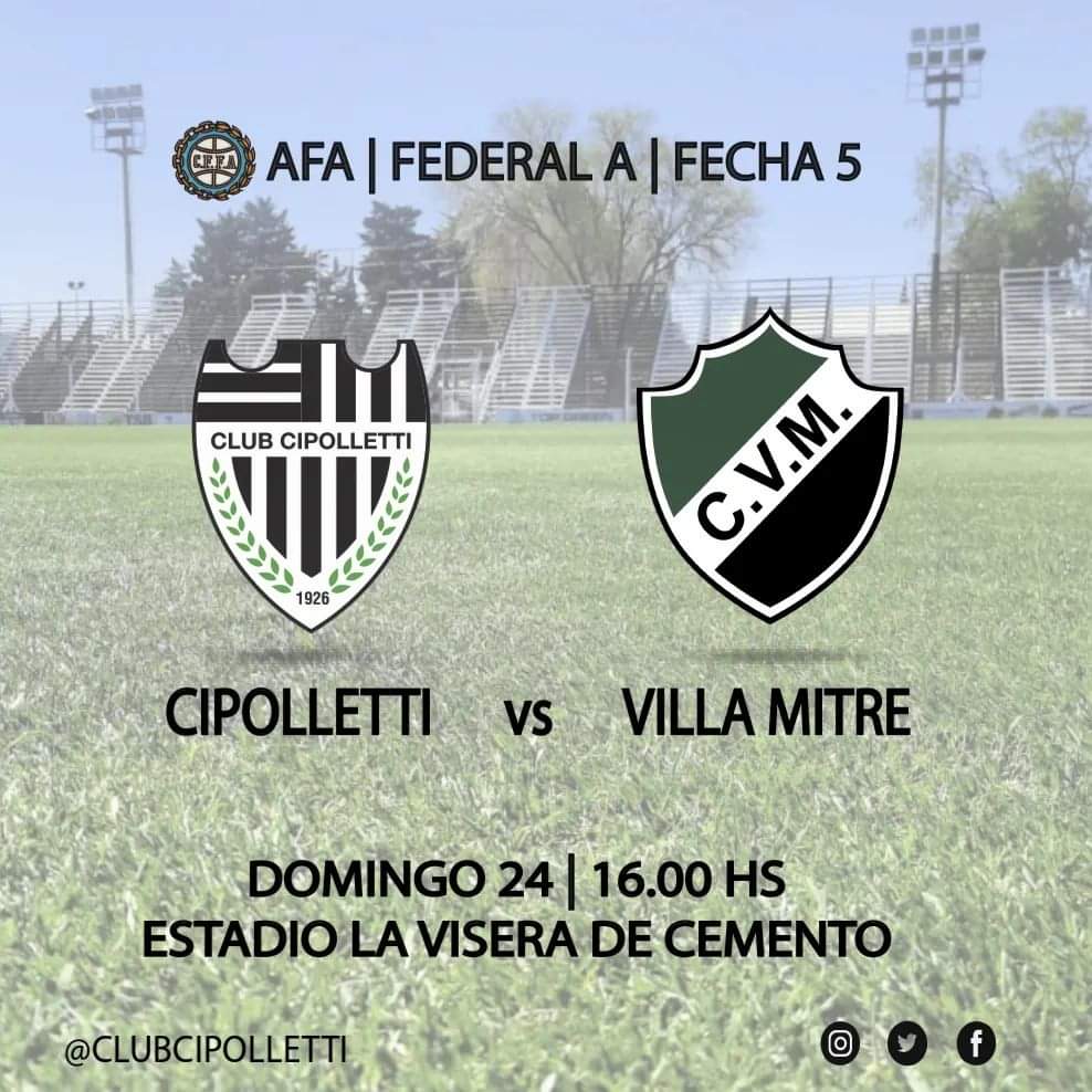 #FederalA ⚽️

👇🏼 Para agendar con tiempo, el domingo nos vemos!!

📌 Fecha 5
🆚️ Villa Mitre - Bahía Blanca
📅 Domingo 24|04
🕔 16.00 Hs
🏟 La Visera De Cemento

#VamosCipo⚫⚪⚫