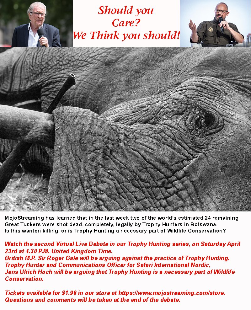 mojo_streaming's tweet photo. Should you care?
Trophy Hunting debate, (the second in our series). Sign up or login to purchase tickets for $1.99 at https://t.co/Hh1XpAxO5Y https://t.co/mzpEb2rqYW