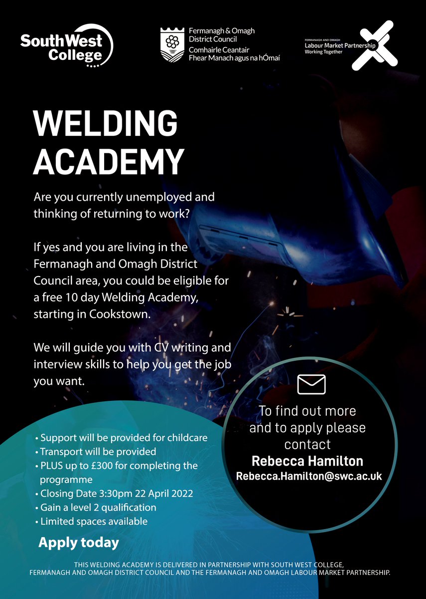 Fermanagh & Omagh District Council (@fermanaghomagh) on Twitter photo 💥DEADLINE EXTENDED
👉 You will receive help with childcare, travel and subsistence costs
👉 Plus £300 for completing the programme
👉 Gain a level 2 qualification
👉 Limited spaces available
*APPLY TODAY* To find out more and to apply please contact Rebecca.Hamilton@swc.ac.uk 💥DEADLINE EXTENDED
👉 You will receive help with childcare, travel and subsistence costs
👉 Plus £300 for completing the programme
👉 Gain a level 2 qualification
👉 Limited spaces available
*APPLY TODAY* To find out more and to apply please contact Rebecca.Hamilton@swc.ac.uk