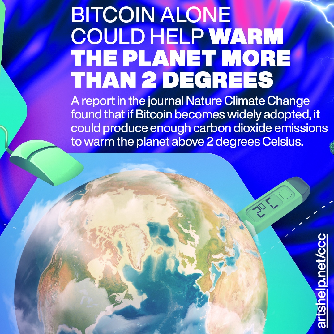 Studies in the Nature Climate Change journal find that if Bitcoin is implemented at similar rates at which other technologies have been incorporated, it alone could produce enough emissions to raise global temperatures by 2°C as soon as 2033. 

#cryptocurrency #ecofriendly