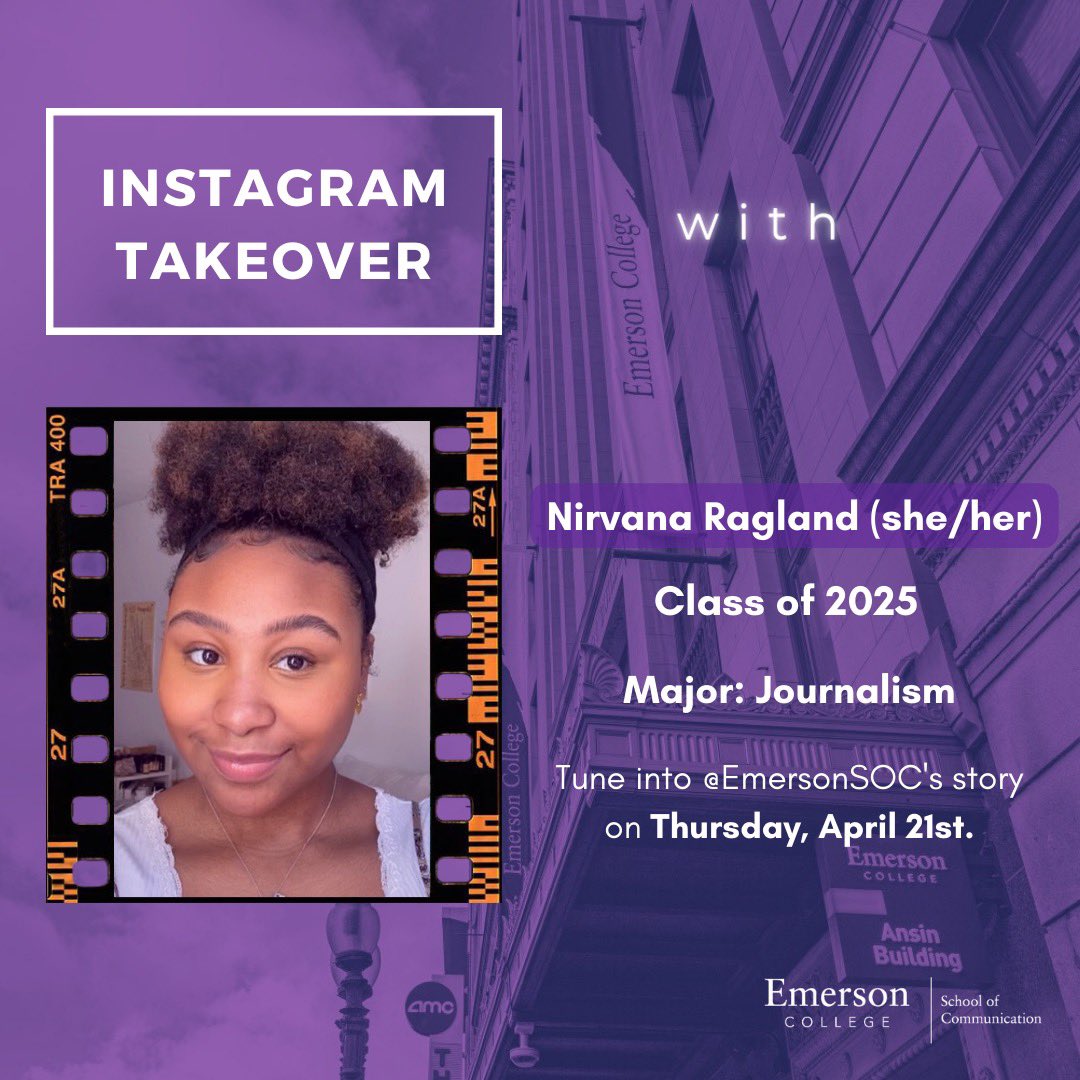 Journalism major Nirvana Ragland ‘25 will be taking over our Instagram this Thursday! Tune into @emersoncollegesoc on Instagram to follow her day. @ecjrn @NirvanaRagland
