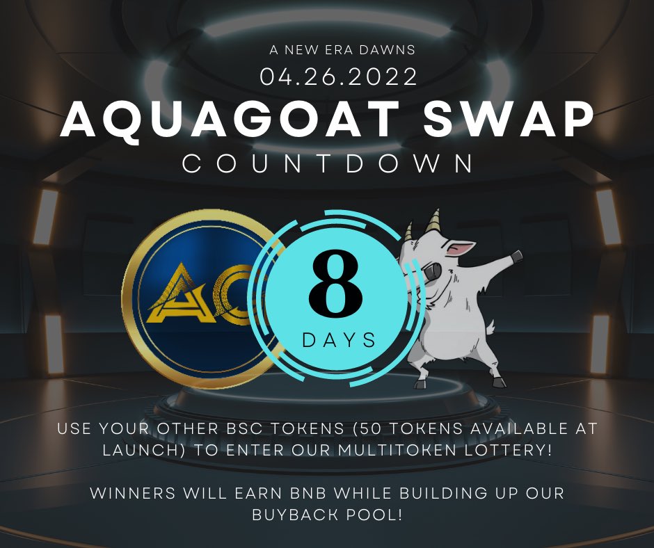 AquaBsc's tweet photo. T-Minus 8 days until launch!

We are also launching our very own Multi-token lottery! At 50 tokens to start, you can deposit your BSC tokens for a ticket to win BNB! Ticket sales will also go towards building up our @chainlink-powered Randomized Buyback Pool! https://t.co/yOtydPCPgG