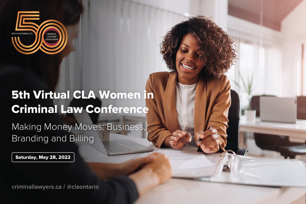 ClaOntario's tweet image. 5th @ClaOntario Women in Criminal Law Conference – Making Money Moves: Business, Branding and Billing (May 28) featuring Keynote: Marie Henein, Henein Hutchison LLP @HeneinHutchison 

Find out more by going to criminallawyers.ca/events/5th-vir…

#womeninlaw #criminallaw #CLACPD