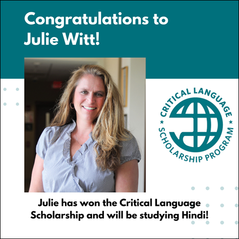 MtsuUfo's tweet photo. Congratulations to Julie Witt, who has received the Critical Language Scholarship. Julie will be learning Hindi! Congratulations again, Julie! #mtsu#trueblue #mtsuufo https://t.co/Y56OipU4Pv