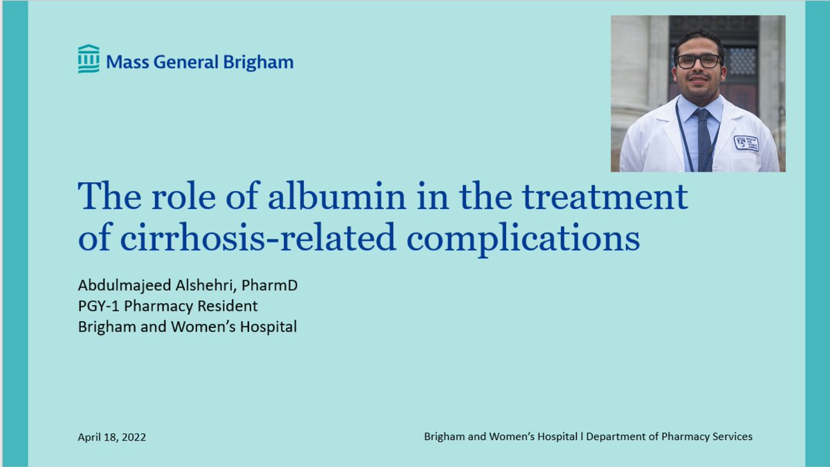 It's spring presentation season! For the next two months, our PGY-1 pharmacy residents will be providing hour-long presentations to our staff - first up we have <a href="/abdulmajeed483/">Abdulmajeed Alshehri</a> discussing the role of albumin in patients with cirrhosis, thanks Abdul! #PharmRes #TwitteRx