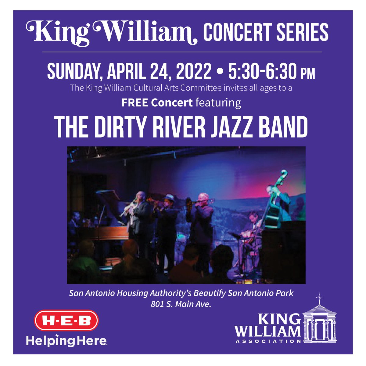 Free and open to the public! All are welcome to the Dirty River Jazz Band Concert in the Park on April 24 from 5:30-6:30pm at SAHA’s Beautify San Antonio Park, 801 S. Main Ave.