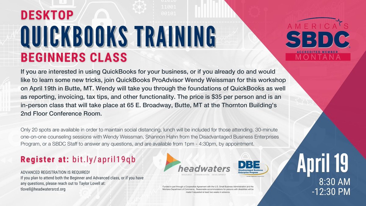 There are only several seats left for the Beginner Desktop Quickbooks Training in Butte tomorrow!  If you are interested in joining, make sure to register as soon as possible at:  bit.ly/april19qb